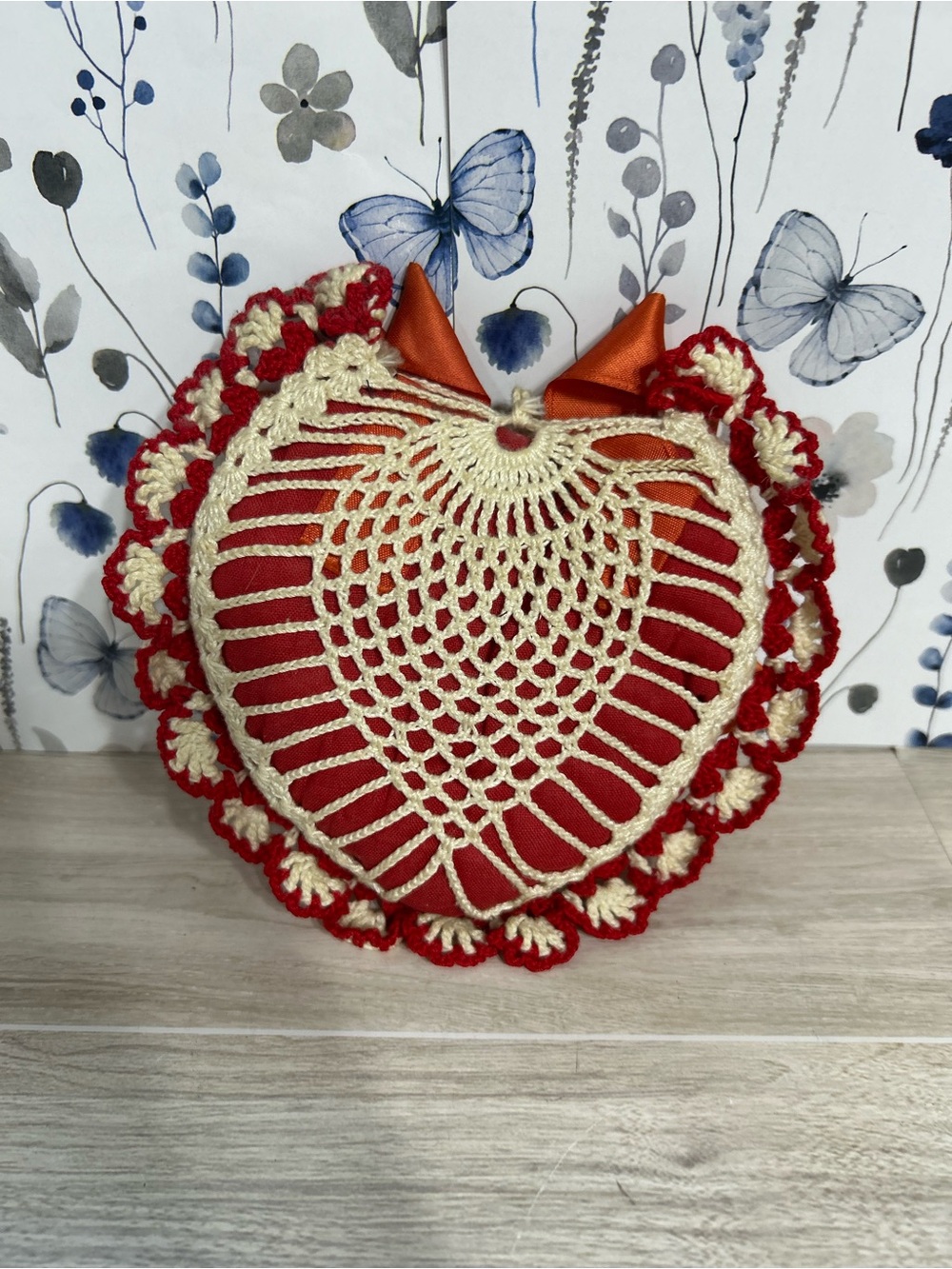 Vintage Crochet Heart Pincushion Red & Cream Satin Bow Boho Cottagecore